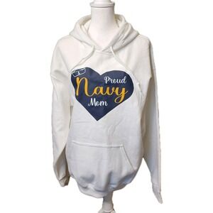Proud Navy Mom Hoodie Sweatshirt Womens Large White Gildan Pouch Military Pride‎